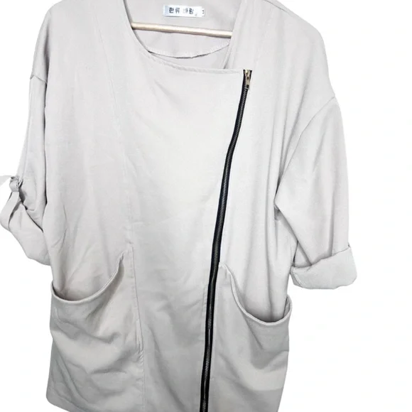 Womens Asymmetrical Zip Jacket Draped Collar Rolled Sleeve Beige Size MM - Picture 7 of 16